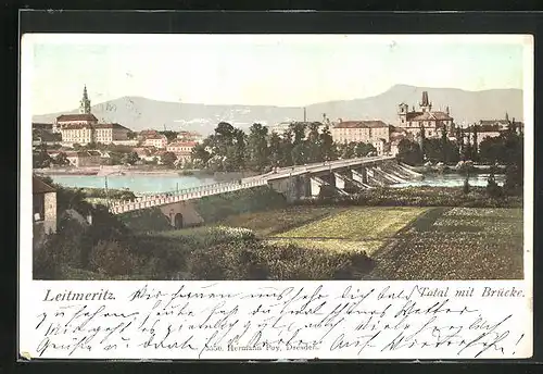 AK Leitmeritz / Litomerice, Panorama mit Brücke