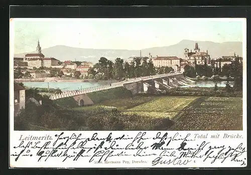 AK Leitmeritz / Litomerice, Panorama mit Brücke