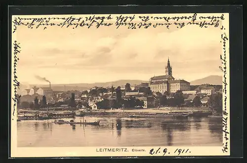 AK Leitmeritz / Litomerice, Elbseite mit Dampfer