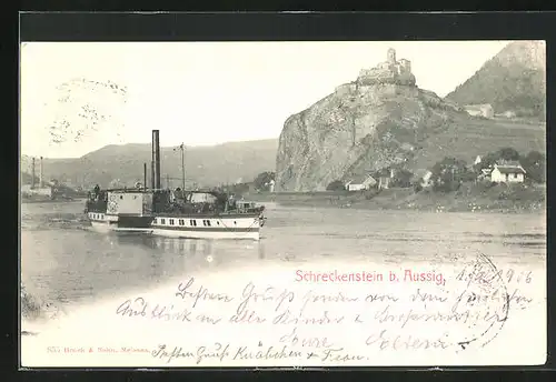 AK Aussig / Usti, Burgruine Schreckenstein, Dampfer