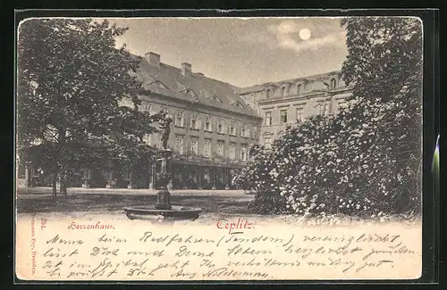 Mondschein-AK Teplitz Schönau / Teplice, Herrenhaus mit Brunnen