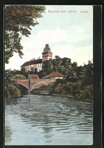 AK Alt Bunzlau / Stara Boleslav / Brandeis (NL), Zámek, Blick vom Fluss zum Schloss