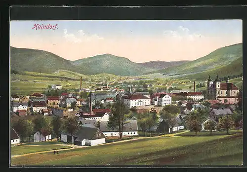 AK Haindorf / Hejnice, Panorama der Stadt mit Bergen