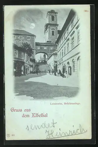 Mondschein-AK Leitmeritz / Litomerice, Strassenpartie an der Brückenstiege