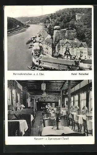 AK Herrnskretschen / Hrensko, Hotel Hetschel, Konzert- und Speisesaal
