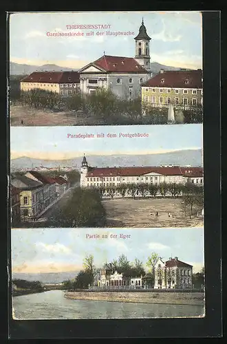 AK Theresienstadt / Terezin, Garnisonskirche mit Hauptwache, Paradeplatz mit Post