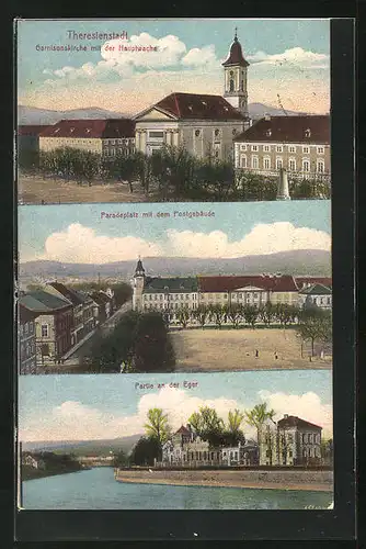 AK Theresienstadt / Terezin, Garnisonskirche mit Hauptwache, Paradeplatz mit Post, an der Eger