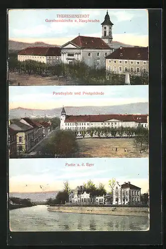 AK Theresienstadt / Terezin, Garnisonskirche mit Hauptwache, Paradeplatz mit Post, Partie an der Eger