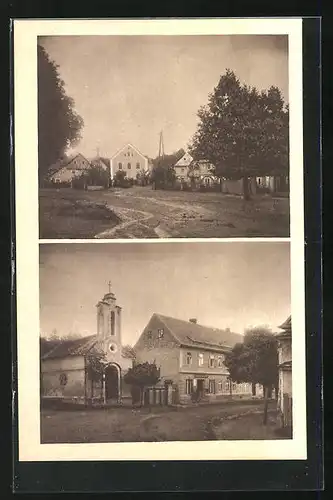 AK Snedovice, Strassenpartie mit Kirche, Häuser im Ort