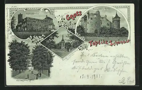 Lithographie Teplitz Schönau / Teplice, Schlackenburg, Schlossberg-Ruine, Schlossgarten-Allee