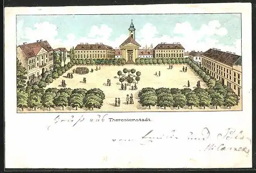 Lithographie Theresienstadt / Terezin, Grosser Platz mit Kirche
