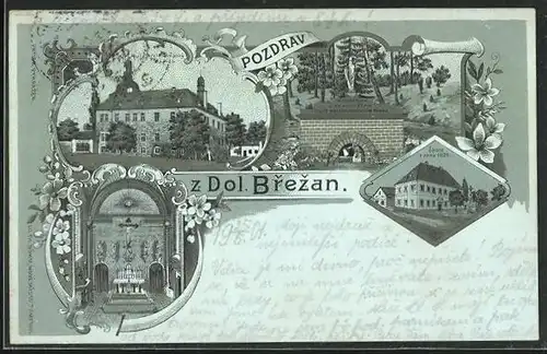 Lithographie Dolni Brezany, Skola, Knize-Arcibiskupský zámek