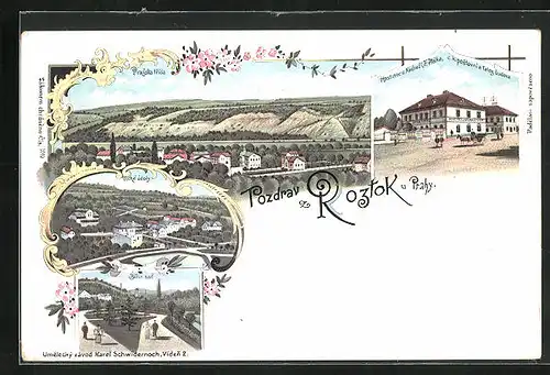 Lithographie Roztoky, Hostinec u Nádrazi F. Ptáka, Tiché údoly, Belin sad