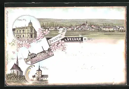 Lithographie Velvary, Okresni dum, Namesti, Kostel