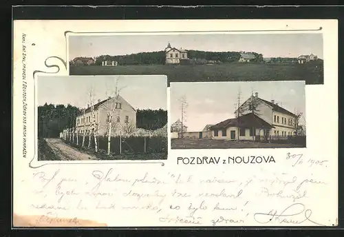AK Unhost-Nouzov, Blick auf Gebäude des Ortes, Restaurant