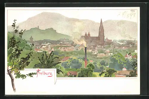 Künstler-AK Heinrich Kley: Freiburg, Panorama mit Stadt und Kirche