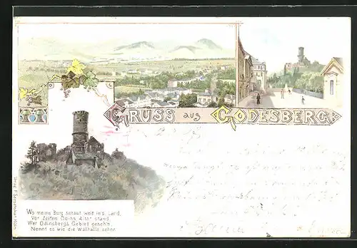 Lithographie Godesberg, Panorama mit Ort, Ansicht der Burg