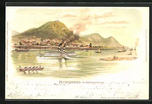 Lithographie Petersberg im Siegengebirge, Ansicht Ort über Fluss mit Dampfer