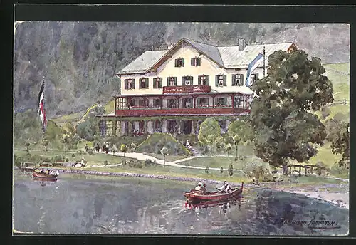 Künstler-AK Urfeld am Walchensee, Wiesmayers Hotel Post und Jäger am See