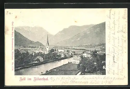 AK Tell i. Zillerthal, Ortsansicht mit Kirche und Bergen