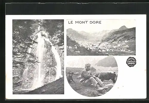 AK Mont-Dore, Wasserfall, Hirte mit Hütehund und Kühen, Ortsansicht