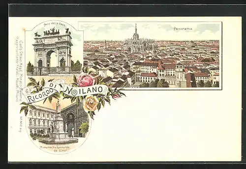 Lithographie Milano, Arco della Pace, Panorama, Monumento a Leonardo da Vinci