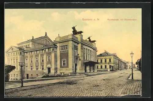 AK Gablonz / Jablonec Nad Nisou, Reichsstrasse mit Stadttheater