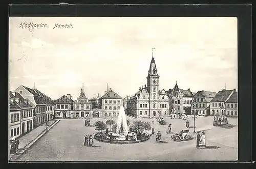 Künstler-AK Hodkovice, Gasthof zum schwarzen Adler, Namesti, Radnice, Springbrunnen