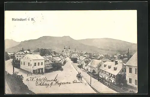 AK Haindorf i. B., Blick auf Strassenzug mit Kutsche