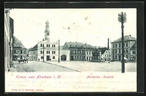 AK Kratzau i. B., Blick auf Marktplatz mit Gasthof zum Rathaus