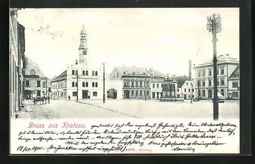 AK Kratzau i. B., Blick auf den Marktplatz mit Gasthof zum Rathaus