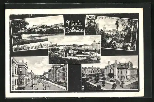 AK Jung Bunzlau / Mlada Boleslav, Blick auf die Stadt, Strassenpartie und Flusspartie
