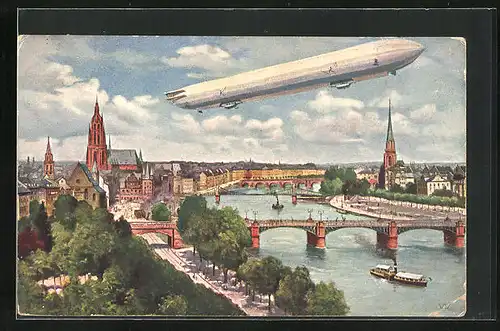 Künstler-AK Frankfurt /Main, Zeppelin über der Stadt