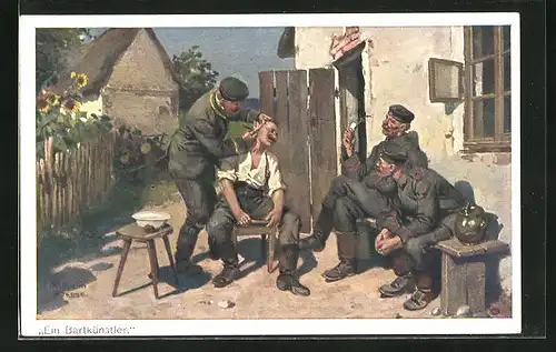 Künstler-AK Soldaten beim Friseur