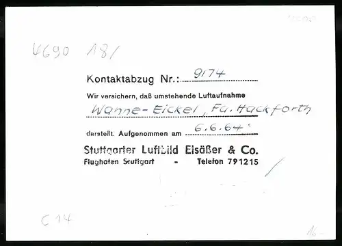 Fotografie Stuttgarter Luftbild Elsässer & Co., Ansicht Wanne-Eickel, Fa. Hackforth, Luftbild des Firmengeländes