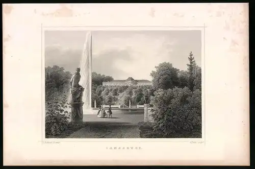 Stahlstich Potsdam, Sanssouci mit Fontäne, aus Die deutsche Kaiserstadt von Robert Springer, Darmstadt 1876, 17 x 25cm