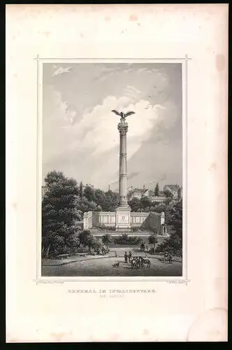 Stahlstich Berlin, Denkmal im Invalidenpark, aus Die deutsche Kaiserstadt von Robert Springer, Darmstadt 1876, 17 x 25cm
