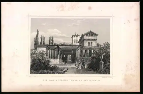 Stahlstich Potsdam, Italienische Villa in Sanssouci, aus Die deutsche Kaiserstadt von Robert Springer, Darmstadt 1876