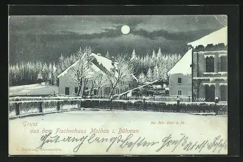 Mondschein-AK Moldau i. Böhmen, Gasthof Fischerhaus im Winter