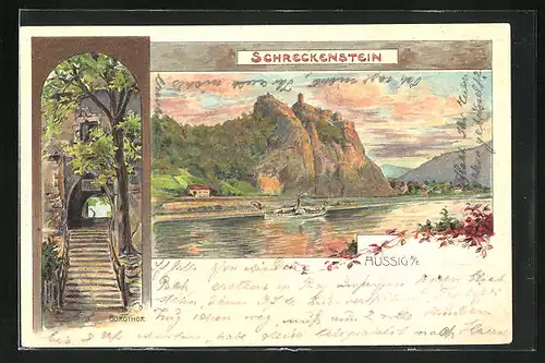 Lithographie Aussig / Usti, Burgruine Schreckenstein mit Flusspartie
