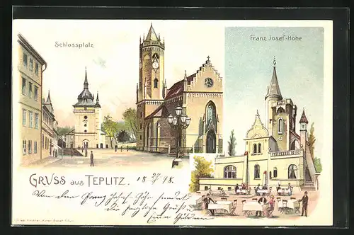 Lithographie Teplitz Schönau / Teplice, Schlossplatz, Franz Josef-Höhe