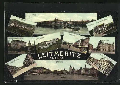 AK Leitmeritz / Litomerice, Postgebäude, Landwehrkaserne, Ringplatz