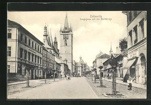 AK Leitmeritz / Litomerice, Langegasse mit der Stadtkirche