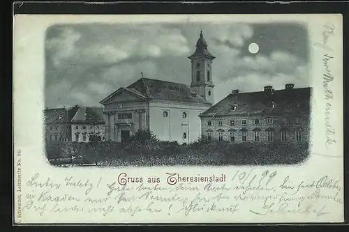 Mondschein-AK Theresienstadt / Terezin, Kirche in der Nacht