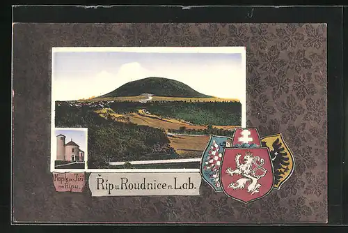 AK Roudnice n. Lab., Panorama Berg, Wappen, Kaples sv. Jiri na Ripu