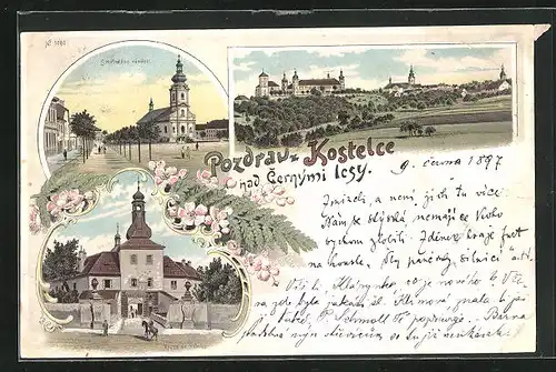 Lithographie Kostelec n. Cern Lesy, Rathaus, Kirche und Panorama