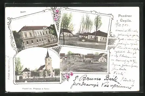 AK Cestice, Hotel, Skola, Kirche