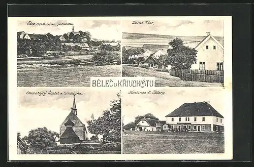 AK Belec u Krivoklatu, Hostinec J. Patery, Kirche, Gebäude im Ort