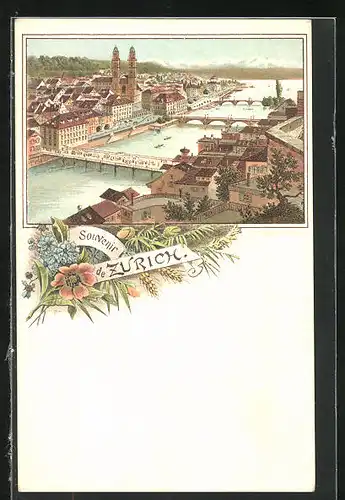 Lithographie Zürich, Flusspartie mit Kirche aus der Vogelschau