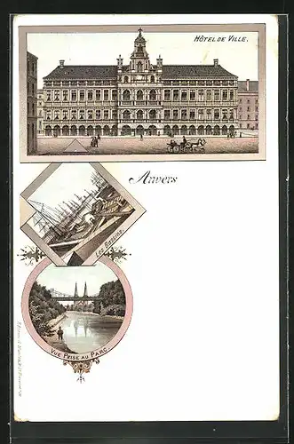 Lithographie Anvers, Hotel de Ville, Les Bassins